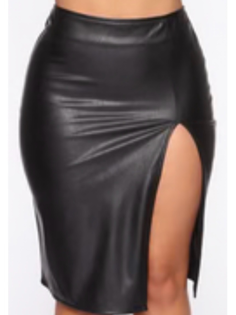 Fashion Nova Black Faux Leather Pencil Skirt with High Side Slit